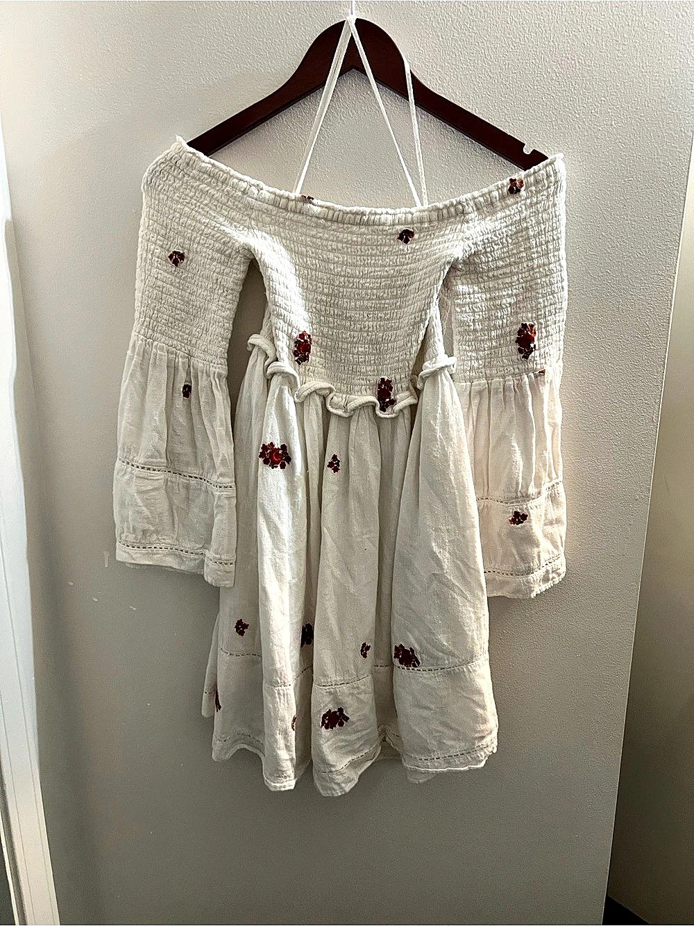 Free People Emory Embroidered Midi Dress Mini Dress White & Red XS